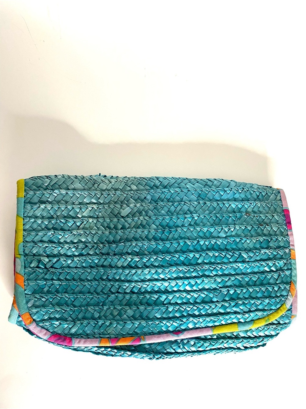 Ralph Lauren Fragrances Turquoise Straw Clutch Floral Lined Raffia Bag
